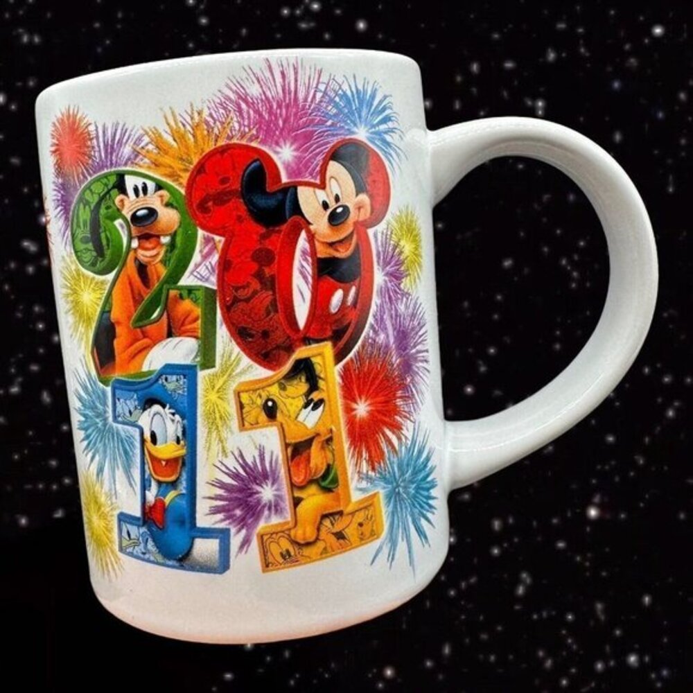 Disney Jerry Leigh 2011 Fireworks Mug Cup Goofy Mickey Donald‎ Pluto Night Sky